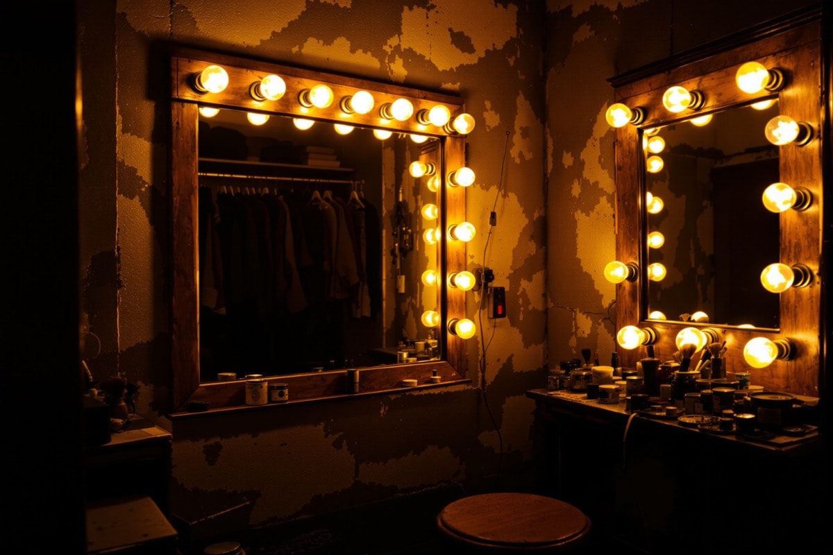 A backstage dressing mirror ringed with warm bare bulbs in a small old theatre