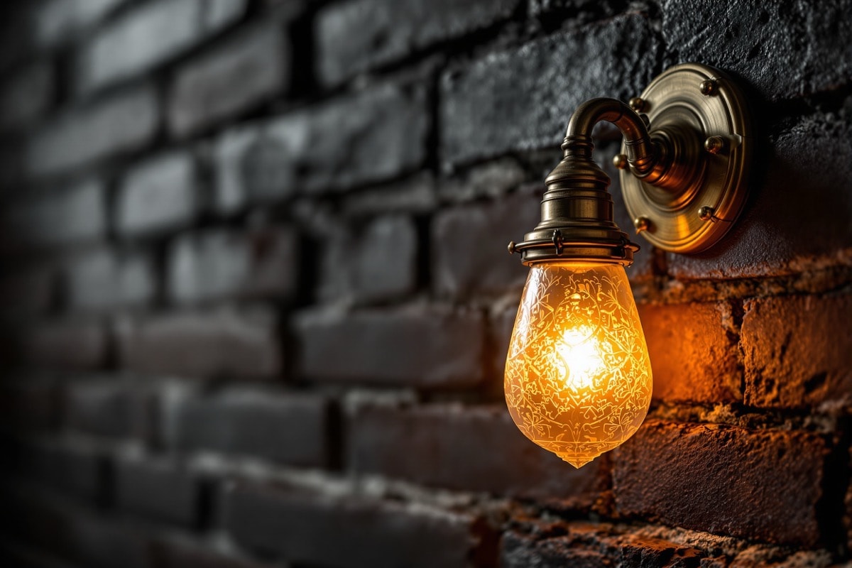 An antique brass wall sconce with an etched glass shade glowing against dark brick