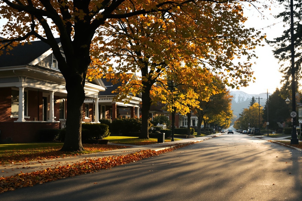 A tree-lined residential street of early twentieth-century brick and clapboard bungalows in autumn