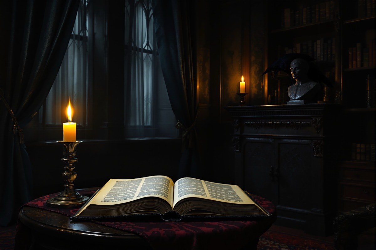 A candlelit Victorian parlour with an open leather-bound book and a raven in silhouette on a bookcase