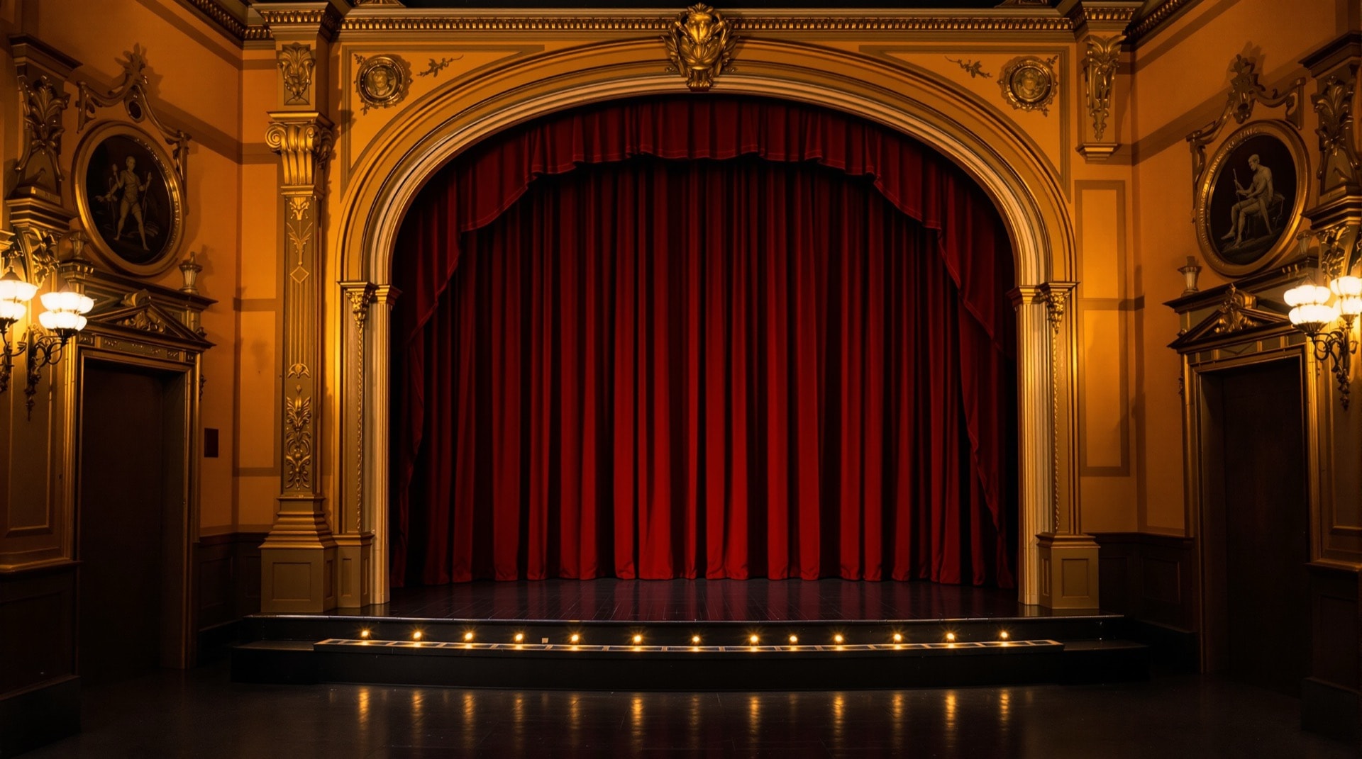 A small ornate proscenium arch with a deep crimson velvet curtain and brass footlights