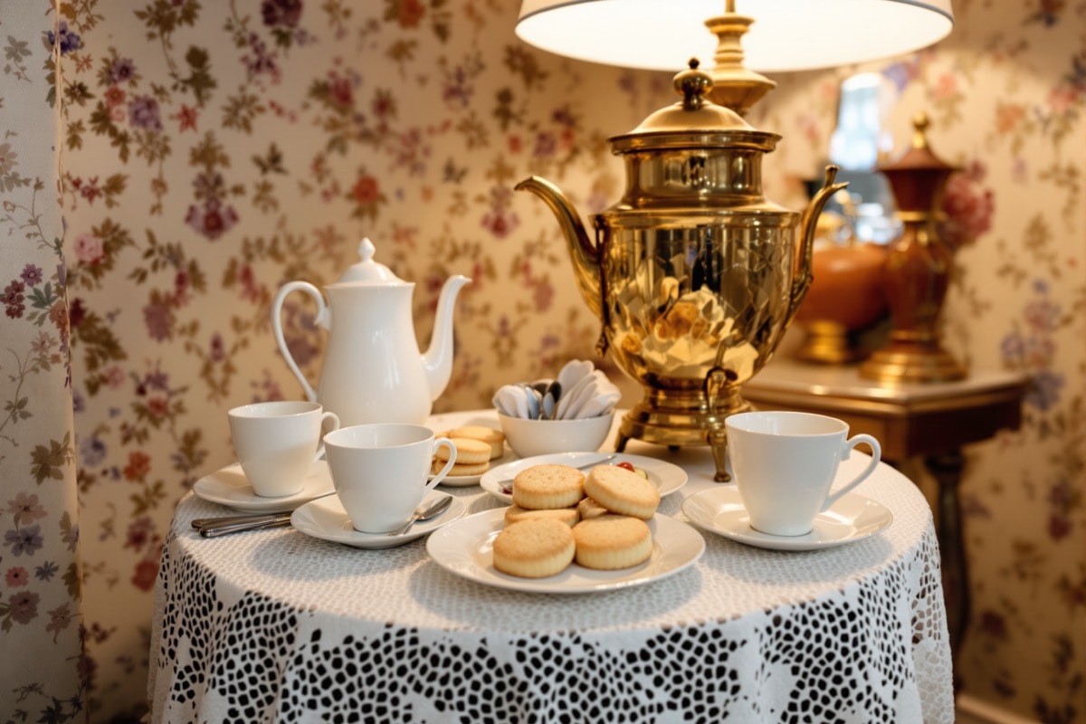 A vintage china tea and coffee service laid out on a lace-covered side table