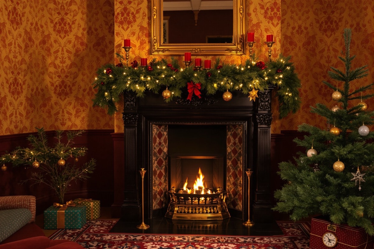 A Victorian parlour with evergreen garland over a carved mantelpiece and red candles